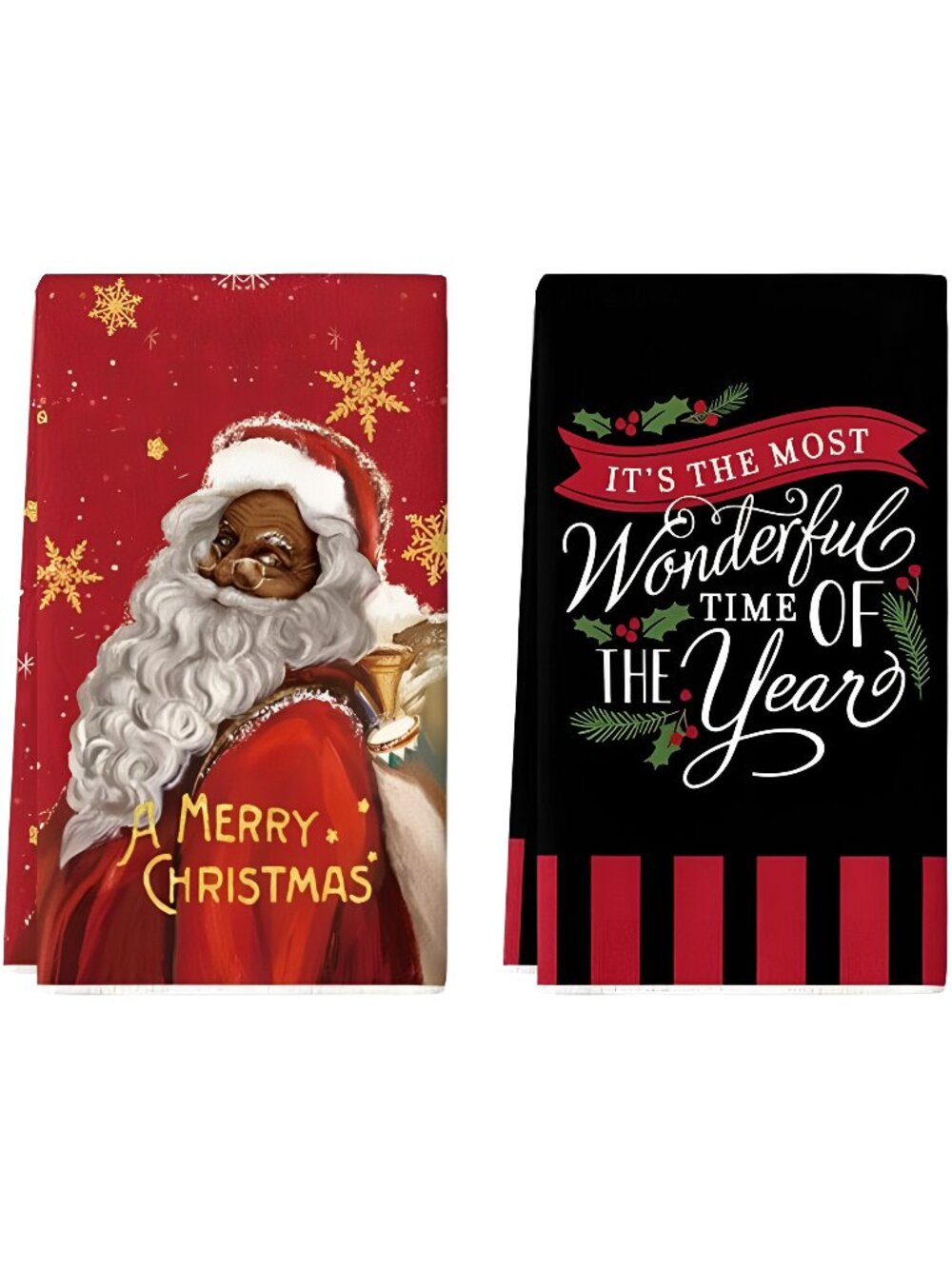 African American Black Santa Kitchen Towels and Dish Towels, 18 x 26" Set of 2